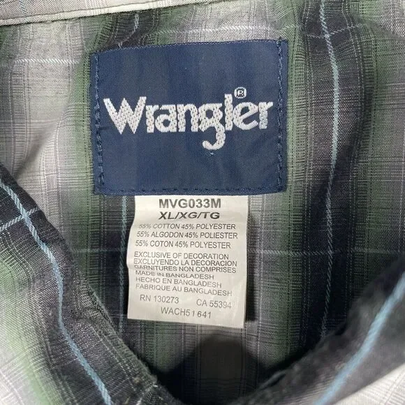 Wrangler Shirt Mens XL Pearl Snap Western Cowboy Rockabilly Plaid Green Rodeo - Picture 5 of 10